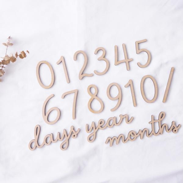 ＜商品内容＞　数字：0.0.1.1.2.3.4.5.6.7.8.9./ (スラッシュ)　アルファベット：days.months.year＜商品説明＞　月齢フォト・マンスリーフォト撮影にぴったりな木製レターバナー☆彡　お食い初め、100日記念...