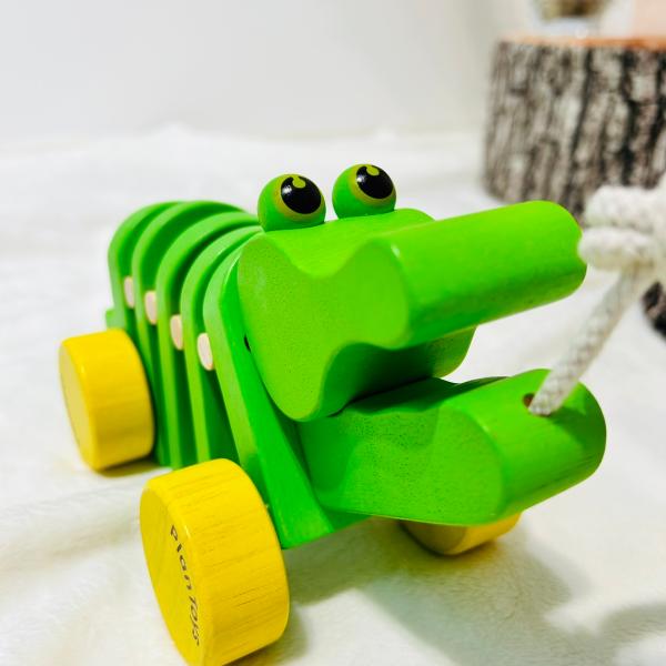 ワニさんを引っぱると、カタカタと音をたてながら一緒にお散歩できますよ。