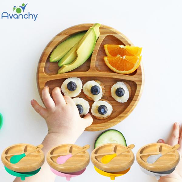 Avanchy アヴァンシー 竹の プレート スプーン セット 吸盤付き 竹食器 バンブー 倒れない 離乳食 おやつ ご飯 子供用 キッズ 子供