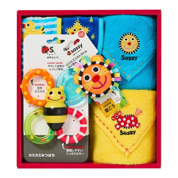 サッシー 出産祝いセット Sassy ベビーギフト ギフトセット タオルビブ ウォッシュタオル ラトル 歯固め 赤ちゃん 新生児 ベビー用品 出産祝い プレゼント 箱付