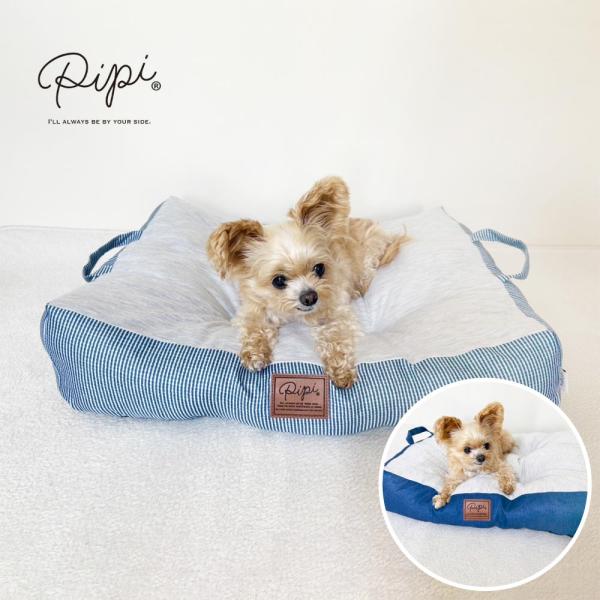 PiPi プリントクッション ヒッコリー デニム ペット用 クール素材 55×45cm 洗える 犬 猫 ふかふか ハウス 寝具 スリーアローズ