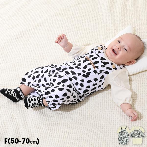 レイヤード風にドッキングされた人気のアニマル柄がおしゃれな2WAYオール♪股下スナップの留め方で【ドレスオール】にも【カバーオール】にもなって、長く使える便利アイテム★やわらかい肌触りと程よい伸縮性の天竺素材は、赤ちゃんのお肌にやさしくて着...