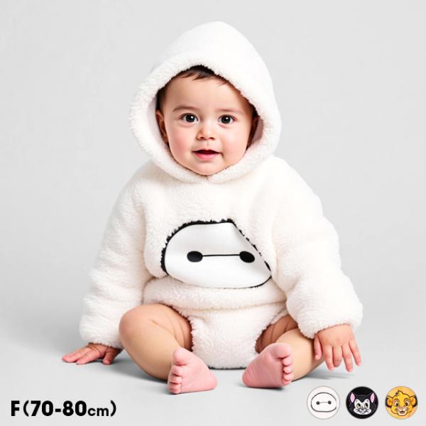 大人気☆BIGキャラクターワッペンともこもこボディーがとっても可愛いなりきるロンパースが再登場♪新キャラクターたちも仲間入り♪軽くて手触りが心地よいふわふわのシャギーボア素材は、見た目も着用感もあったか＆ぬくぬく◎耳付きフードもキュートでた...