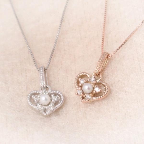 ベビーパールネックレス ダイヤモンド ハート アンティーク調 K10PG/WG