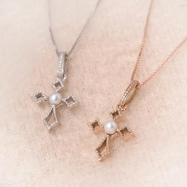 ベビーパールネックレス クロス アンティーク調 K10PG/WG（ピンク