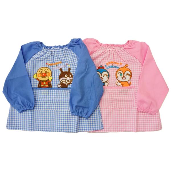 ★大人気！アンパンマン！★男の子向き(サックス)には、　アンパンマンとばいきんまんの刺繍。　女の子向き(ピンク)には、　ドキンちゃんとコキンちゃんが刺繍されています★衿・袖口ゴム入りのスモック★お砂場着または、お食事用に、　お散歩時の風よけ...