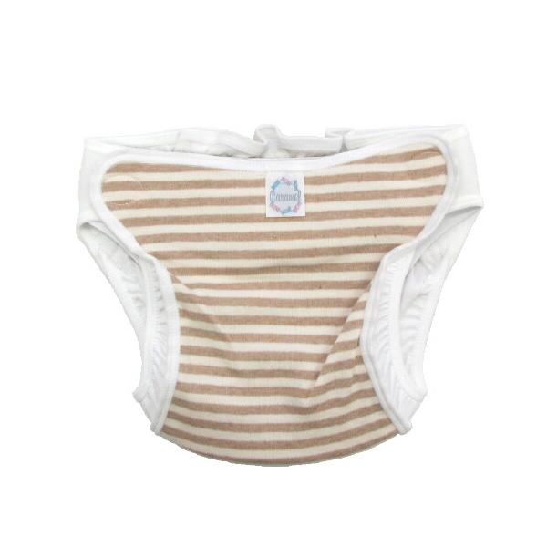 サイズ　70/80/90cmカラー　ベージュ（ボーダー）素材　　綿100％　カリフォルニア産オーガニックコットン地球環境にも赤ちゃんのお肌にもやさしいオーガニックコットン100％のおむつカバーです乳児期に使いやすい中ベルトタイプ股部からのモ...