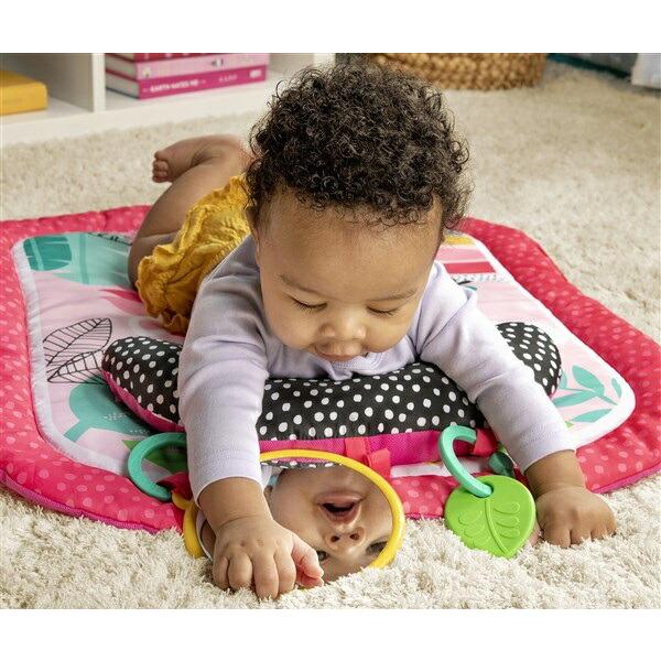 ★赤ちゃんが寝転んだり、　お座りしながら遊べるマットです★腹ばい期に最適なクッション/ まくら付き★2つの取り外し可能なおもちゃ付き★セット内容/マット本体、 クッション　 葉っぱのおもちゃ、ミラー、リング2個※ミラーおもちゃは直径14cm...