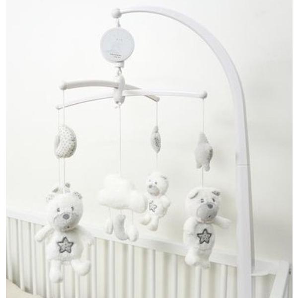 ★お星さまやお月さまと一緒にクマさんたちが　クルクル回るベッドメリー　優しいオルゴール音とともにぬいぐるみが回転します　本商品は電池不要、手巻きゼンマイ式です　フルに巻いて約3分半程度動作します　オルゴールの巻きすぎにはご注意ください　巻き...