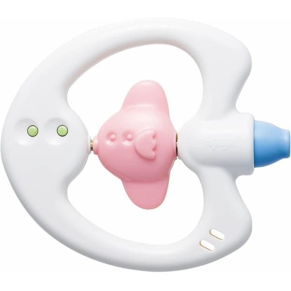 ★8ヵ月頃から使えます★水洗いできるからいつでも清潔★軽くて持ちやすい吸っても吹いても音がする笛★赤ちゃんは吸うことのほうが得意！　上手に音が出せます。　まんなかのおさかなは表はピンク、　裏は黄色と2色でかわいいデザイン　クルクル回して指遊...