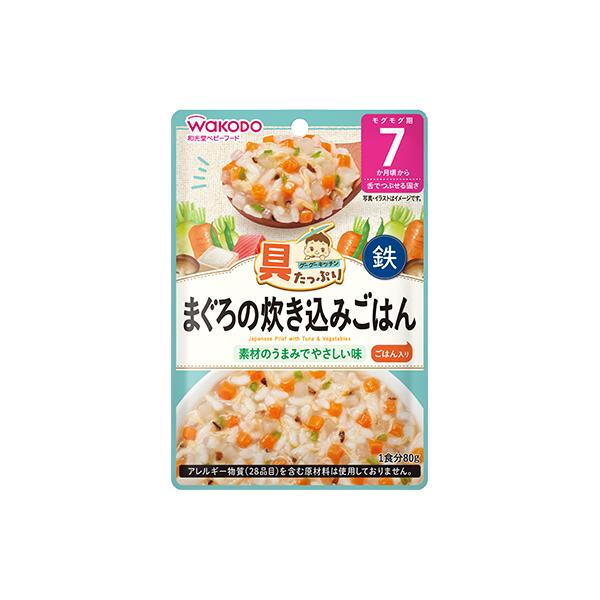 食べやすくほぐしたまぐろとたっぷりの野菜を、お米と一緒にかつお昆布だしでふっくら炊き上げました。【内容量】 80g栄養成分表示エネルギー：38kcal　たんぱく質：1.1g　脂質：0.19g　炭水化物：8.0g　食塩相当量：0.27g　鉄：...