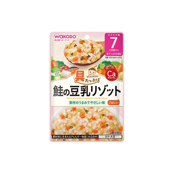 食べやすくほぐした鮭とたっぷりの野菜を、豆乳でふっくら煮込んだリゾットです。【内容量】 80g栄養成分表示エネルギー：45kcal　たんぱく質：1.3g　脂質：0.28g　炭水化物：9.2g　食塩相当量：0.22g　カルシウム：100mg原...