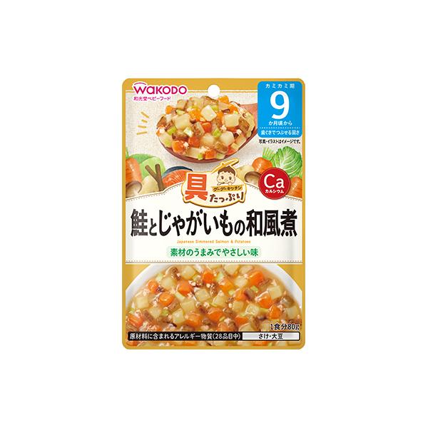 食べやすくほぐした鮭とコロコロのじゃがいもを、かつお昆布だしでやわらかく煮込みました。【内容量】 80g栄養成分表示エネルギー：35kcal　たんぱく質：0.88g　脂質：0.56g　炭水化物：6.5g　食塩相当量：0.24g　カルシウム：...