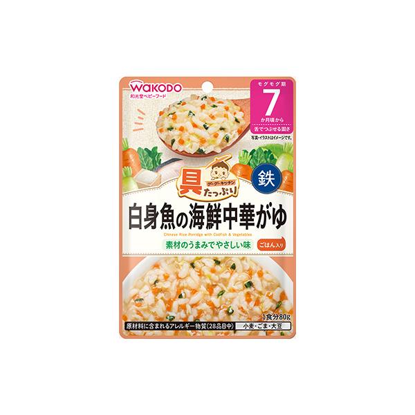 食べやすくほぐしたたらとたっぷりの野菜を、魚介のうまみがきいたスープでコトコト炊き上げた、海鮮風味の中華がゆです。【内容量】 80g【栄養成分表示】1袋80g当たり／エネルギー：36kcal　たんぱく質：0.72g　脂質：0.27g　炭水化...