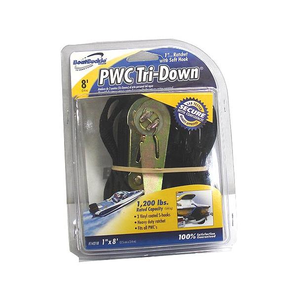 BoatBuckle　PWCトランサムタイダウンベルト◆サイズ2.5cm×2.4m◆定格荷重：544kg水上バイクをトレーラーに固定する際に使う、ラチェット式固定ベルトです。両端がS字フックとなっているので、いろいろな用途にも使用可能です。