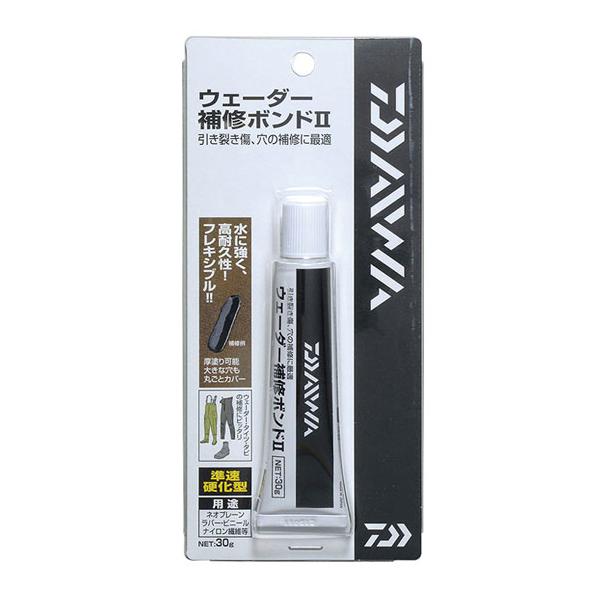 DAIWA/ダイワウェダー補修ボンド2◆内容量：30g★引き裂き傷、穴の補修に最適なウェーダー補修用ボンド・扱い易い「1液性」ながら、コスレ・水に強く、適度な柔軟性を持つ特殊配合 硬化後の収縮が少なく比較的厚塗りできる為、大きな穴も丸ごとカ...