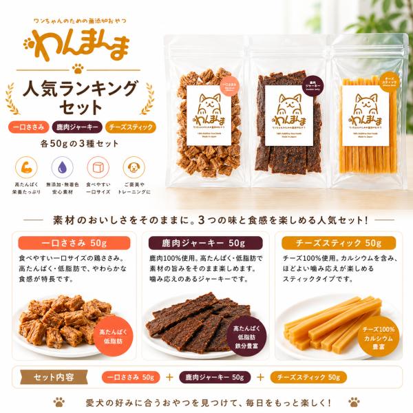 わんまんま 犬用おやつ 人気ランキングセット 3種 各50g 一口ささみ 鹿肉ジャーキー チーズスティック 無添加 国産