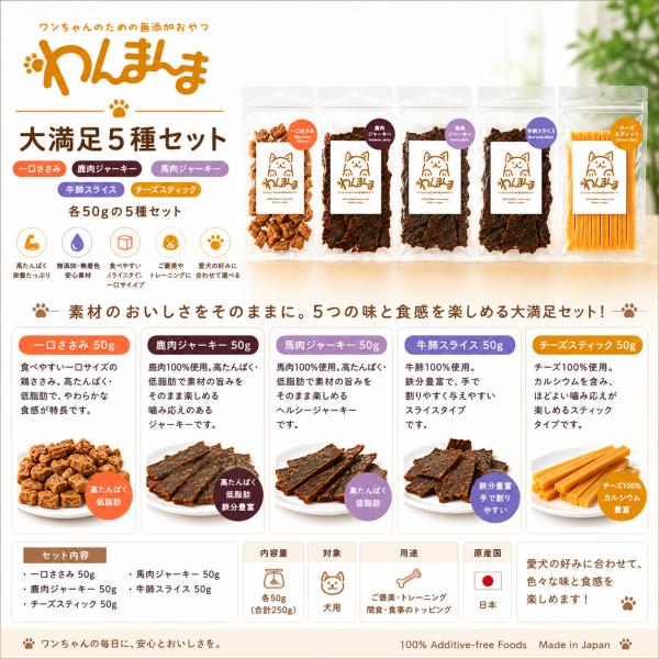 わんまんま 犬用おやつ 大満足5種セット 各50g 一口ささみ 鹿肉ジャーキー 馬肉ジャーキー 牛肺スライス チーズスティック 無添加 国産