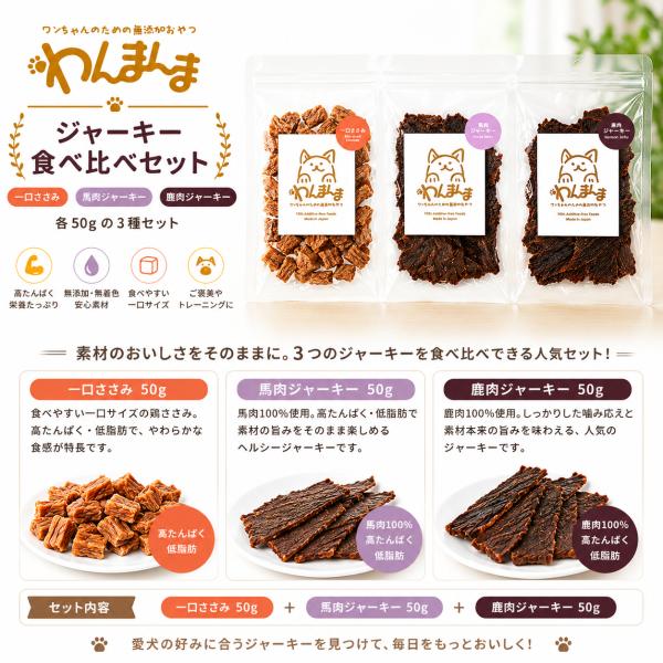 わんまんま 犬用おやつ ジャーキー食べ比べセット 3種 各50g 一口ささみ 馬肉ジャーキー 鹿肉ジャーキー 無添加 国産