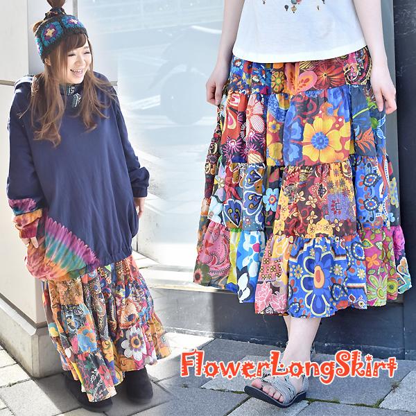 スカート ゴム ウェスト 調整 花柄 ロングスカート エスニックスカート