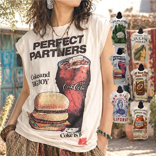 Tシャツ 半袖 黒 ホワイト 白 ノースリーブTシャツ ノースリーブ レトロ柄 アジアンファッション エスニック バリブラン カジュアル