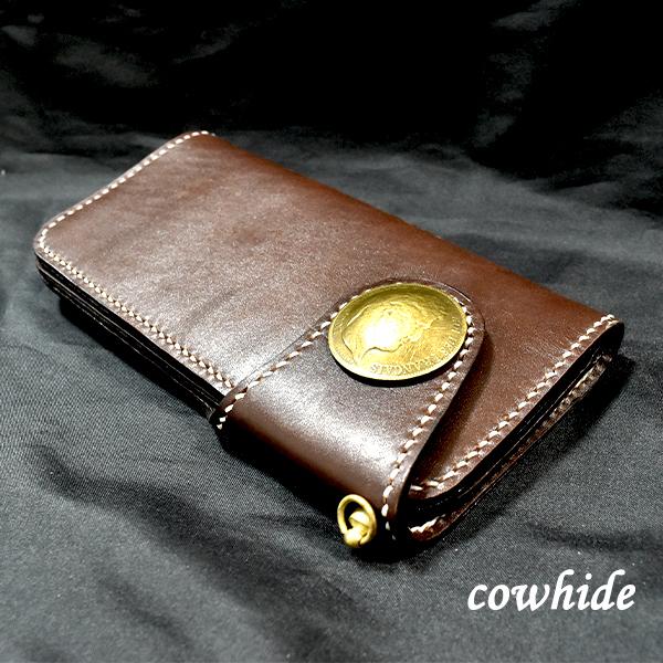 ブラウンレザー長財布 星型ボタン付き 本革 長財布 財布 ボタン 本革サイフ 革財布メンズ レディース ギフト