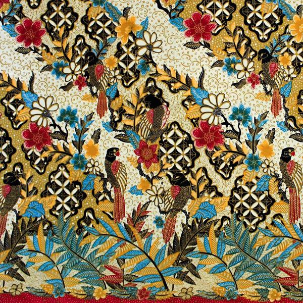 オリジナルバティック絵画　ジョグジャカルタ、ジャワ、インドネシア 花 インテリア バティック 生地 インドネシア ジャワ更紗 絵画のような鳥と花の