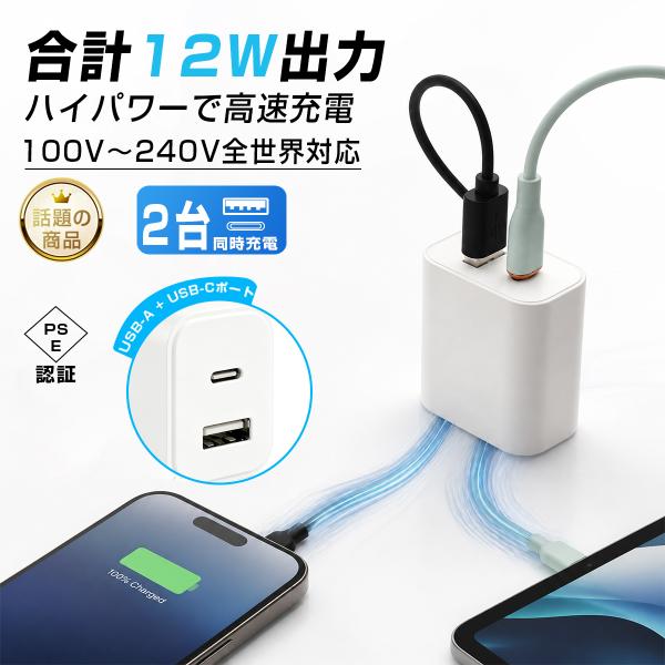 USB充電器 ACアダプター 12W 急速充電 2台同時充電 PSE認証 軽量43g グローバル電圧 100V〜240V 変圧器不要 タブレット充電 スマホ充電 iPhone Android