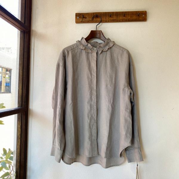 Hands of creation フリルカラーブラウス Hands of creation 40/-Linen 微起毛 フリルシャツ・ライトグレー（ナ