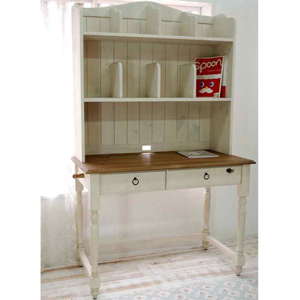 カントリーデスク 白いフレンチカントリーパインデスク イリデ本棚付きデスク