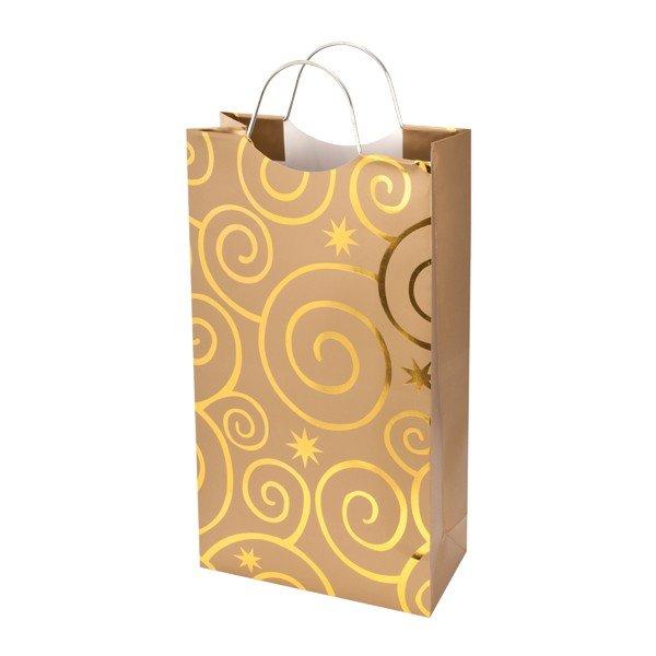 おしゃれでゴージャスなペーパーバッグ。ワイン2本にちょうどいい大きさ。華やかな渦巻き模様とメタルのハンドルがお祝いごとやプレゼントにぴったり。本体サイズ：W200×D90×H355（ハンドル含まず）本体材質：紙ハンドル：メッキ