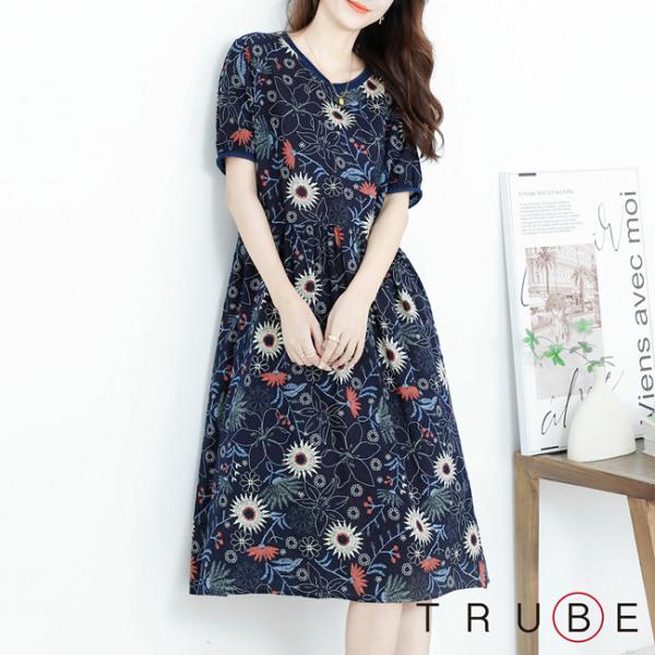 ギャザーワンピース 花柄プリント TRUBE ネイビー チュニックにも