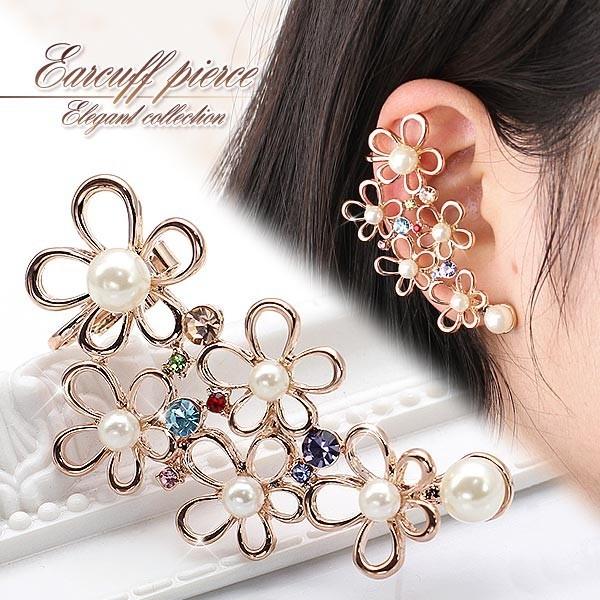 ハンドメイド お花とカラフルビジュー ♡ ピアス風 ビジュー イヤーカフ ♡ fea204e93f0c53a0747268ac2a0abd