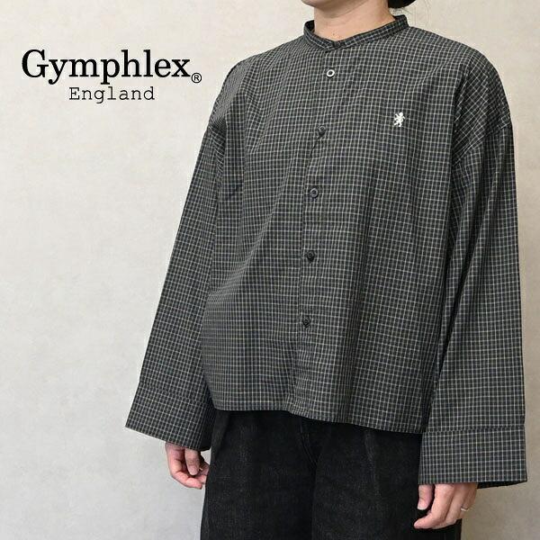レディース Gymphlex ジムフレックス  ショートスタンドカラー 長袖シャツ ワイドシルエット ノーカラー チェック　コットンシャツ GY-B0403KWD