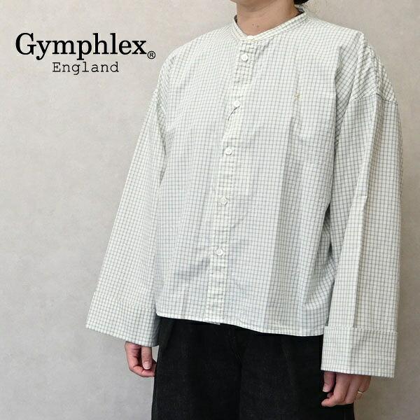 レディース Gymphlex ジムフレックス  ショートスタンドカラー 長袖シャツ ワイドシルエット ノーカラー チェック　コットンシャツ GY-B0403POW
