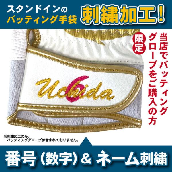 番号の上にネームを刺繍する、特別な重ね刺繍加工です。番号の内容(数字)・字体・糸色ネームの内容・字体・糸色をお選びいただけます。※文字数は少なければ少ないほど綺麗に入ります。8文字以上はおすすめしません。※両手に同じ内容を刺繍します。左右別...