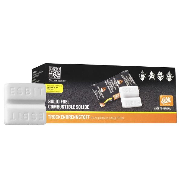 ≪esbit≫固形燃料27gはエスビットの固形燃料のなかで一番高出力(4g/28kcal，5g/35kcal，14g/98kcal，27g/189kcal)です。1タブレットで500mlの水を約5分で沸かすことが可能です。半分に割ると固形燃...