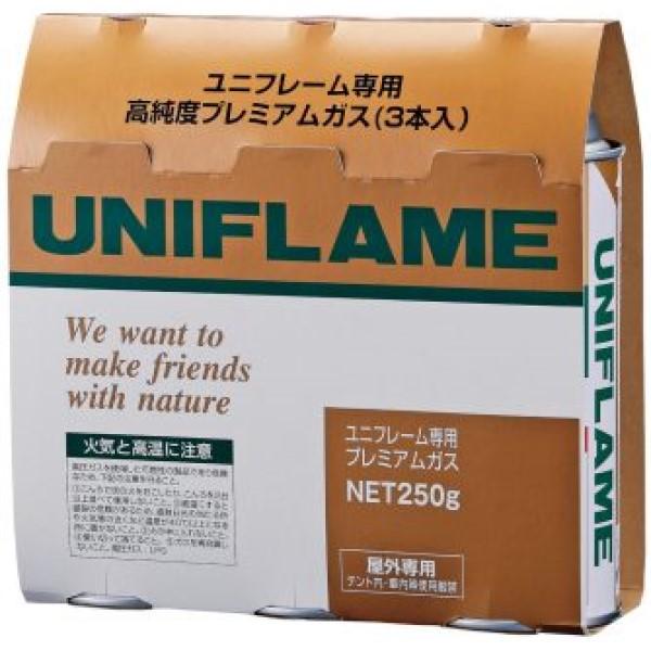 ≪UNIFLAME≫寒冷地でも快調に燃焼するプレミアムガスの3本セット。低温に強く火力の強いイソブタンを主成分としたプレミアムガスはアウトドアでの過酷な使用状況でも快調に燃焼します。■高火力レギュラーガスより約15％以上の火力がアップします...