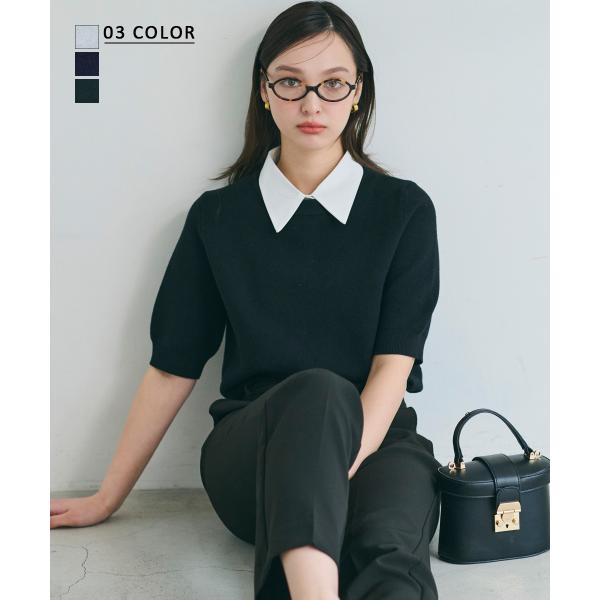 emm the shop 丸襟　半袖 ギザギザ袖とスリット裾のクローバーとスペード刺繍襟半袖シャツ