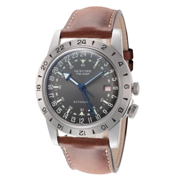 Glycine Airman Vintage The Chief 腕時計 メンズ グレー文字盤 自動巻き レザーバンド ブラウン GMT GL0303