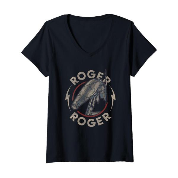 スターウォーズ エピソード1/ファントム・メナス バトル・ドロイド Roger ロゴ かすれプリント Vネック Tシャツ 半袖 レディース