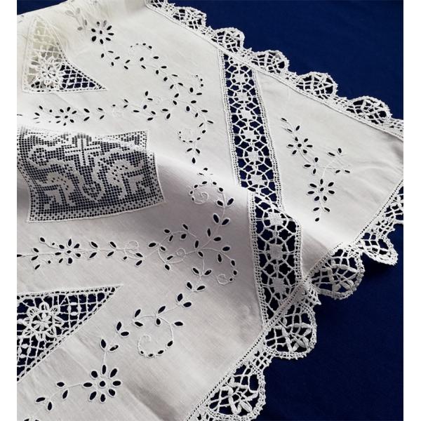 カットワークとレースインサート リネンテーブルクロス フランス