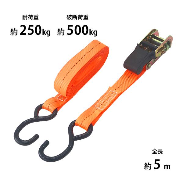ラッシングベルト ラチェット式 1本 全長約5m 幅約25mm 耐荷重約250kg 破断荷重約500kg 約0.25t 約0.5t S字フック Sフック タイダウンベルト