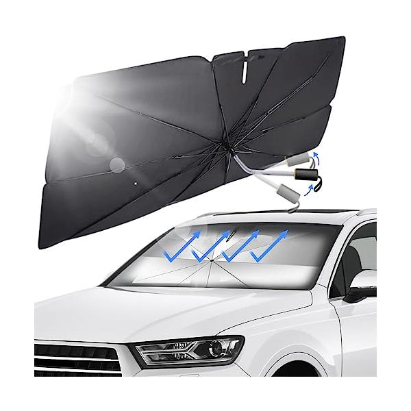 【商品概要】【自動車用・サンシェード・傘型】2023強化版車用サンシェードは傘型デザイン、フロントガラスを遮ます。夏の日差しがまっすぐに照りつけ、自動車内の温度が70℃以上に上昇し、日傘を使用することで、昇温を効果的に抑制し、気温を30°以...