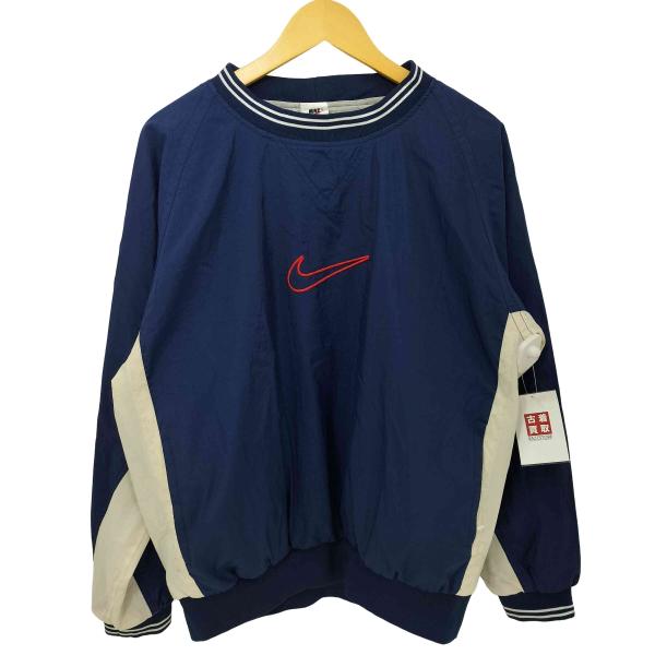 NIKE(ナイキ) 90s USA製 白タグ センタースウッシュ 裾ドローコード ハーフジップ プルオーバージャケット  メンズ import：L 【中古】【ブランド古着バズストア】 NIKE（ナイキ） 90s 白タグ スウォッシュ刺繍 ナイロン プルオーバー