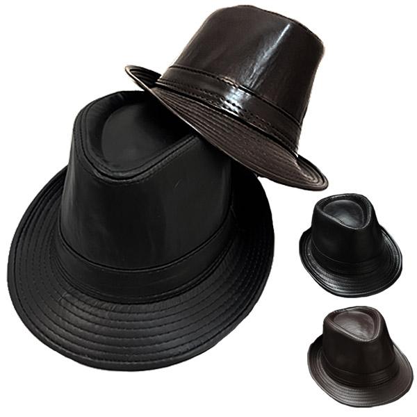 合皮 中折れハット 帽子 PU フェイクレザー ハット 中折れ ポークパイ