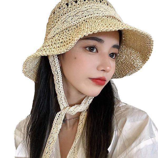 天然素材あごひも付きハット フレンチガーリー 古着ファッションにも 麦わら帽子 麦わら帽子 レース あごひも付き つば広 UVカット草編み 小顔