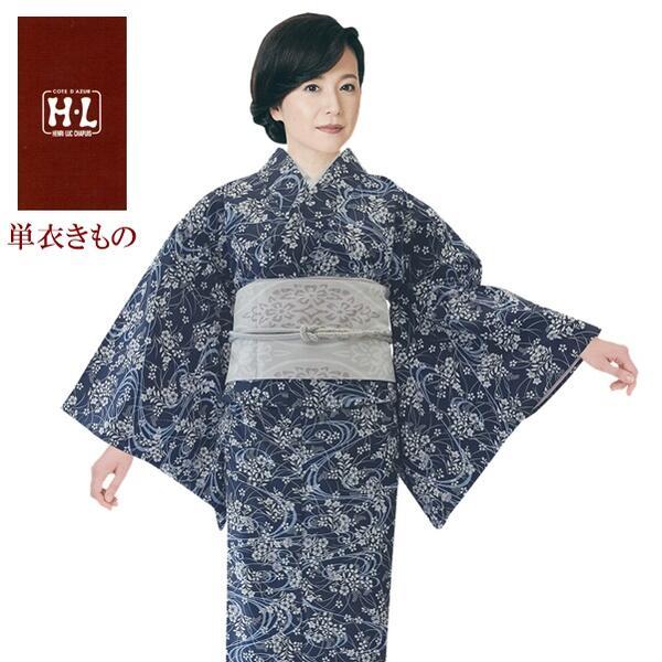 【H.L 単衣きもの】単品【No.132 紺系】ダスティカラー 小紋 総柄 洗える 夏物 6月 9月【E】