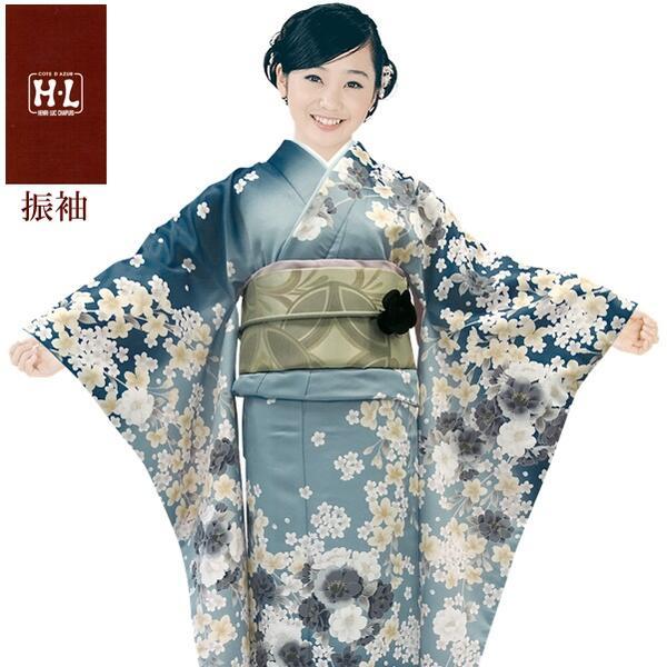 【H.L 洗える振袖着物 203】単品（ダスティカラー ブルーグレー 花柄）成人式 結婚式 披露宴 入学式 卒業式【E】