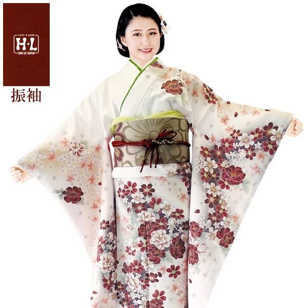 【H.L 洗える振袖着物 201・E】着物・袋帯・襦袢セット（ダスティカラー 白 花柄）成人式 結婚式 入学卒業式【E】